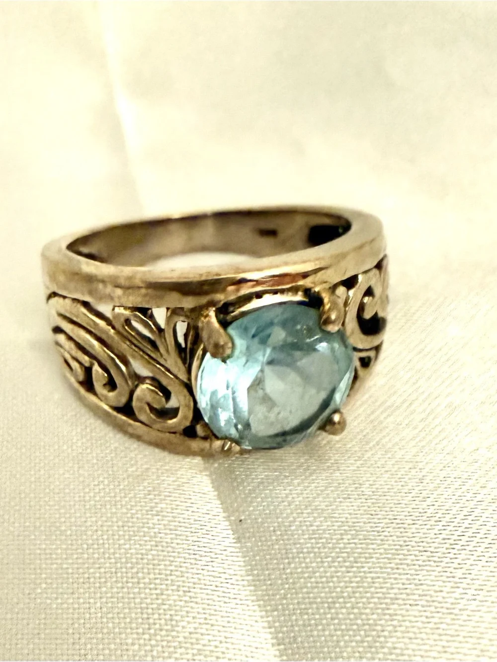 Sterling Silver 925 Blue Topaz Scroll Filigree Wide Band Ring Vintage Size 7